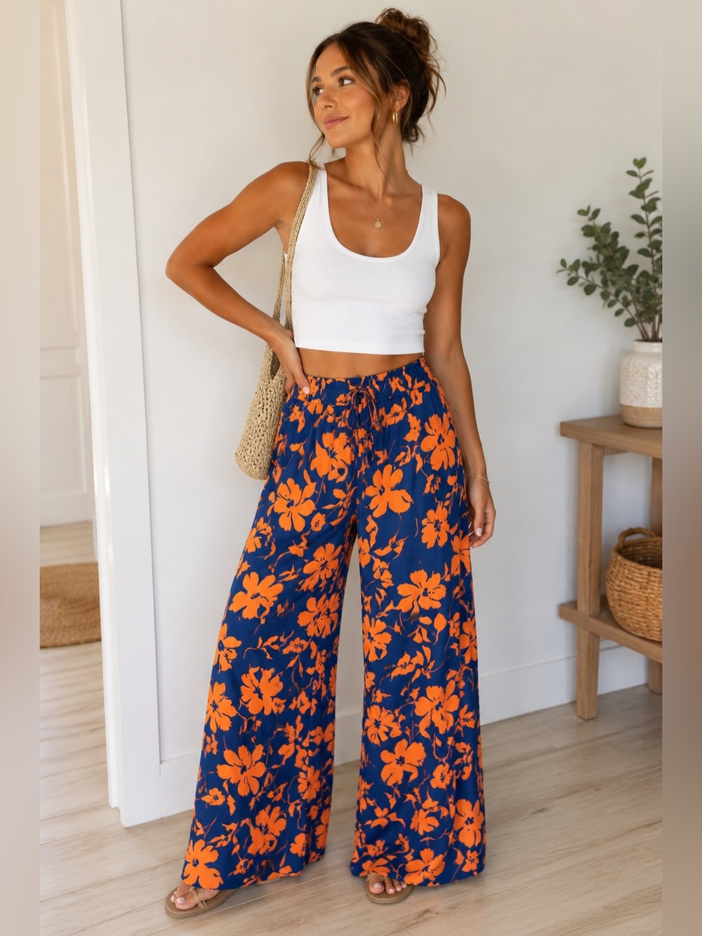 BTFBM Floral Wide Leg Palazzo Pants Blue Orange Boho Resort Beachy Size M